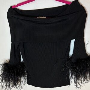 Rebecca Vallance Black Off-Shoulder Soraya top with Feather Details